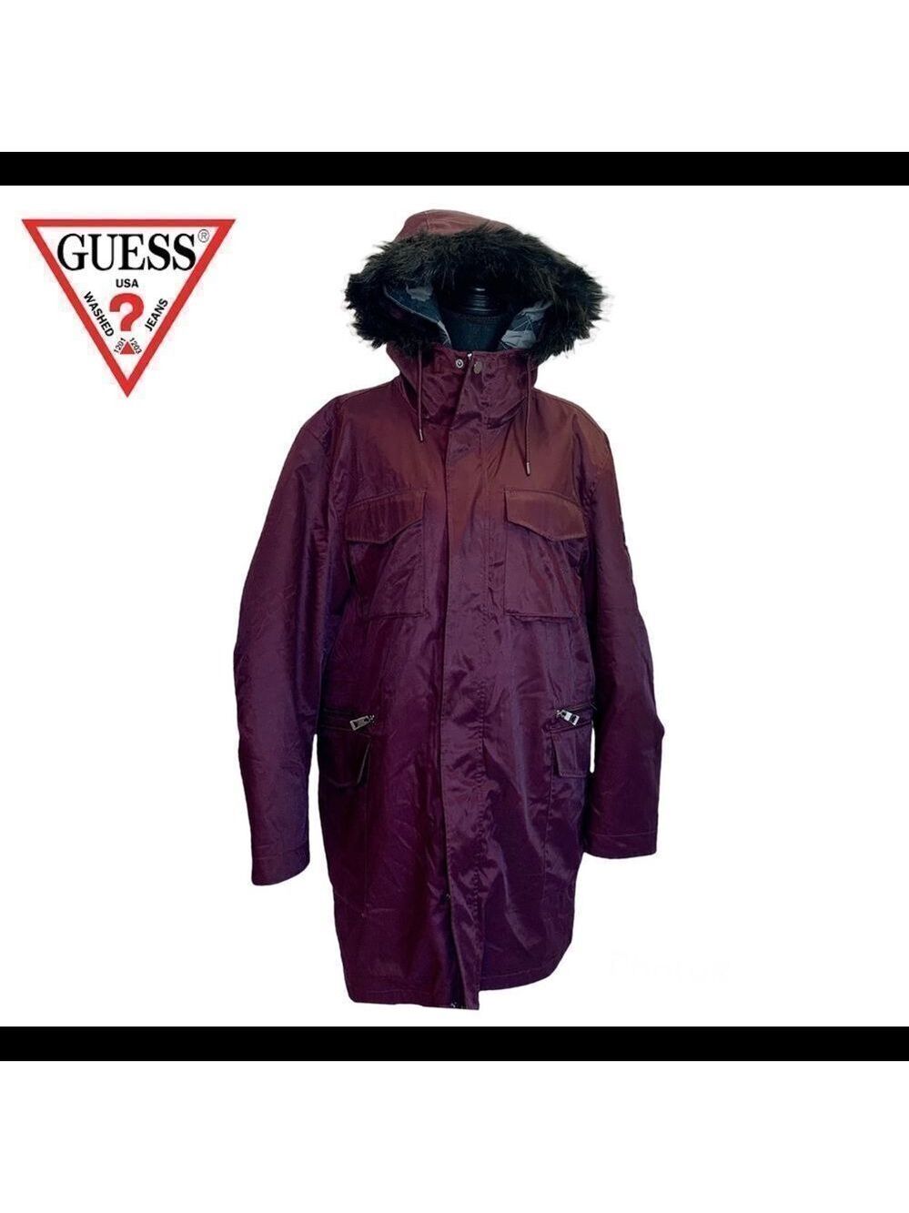 GUESS maroon burgundy faux fur trim hooded fall winter coat Sz L